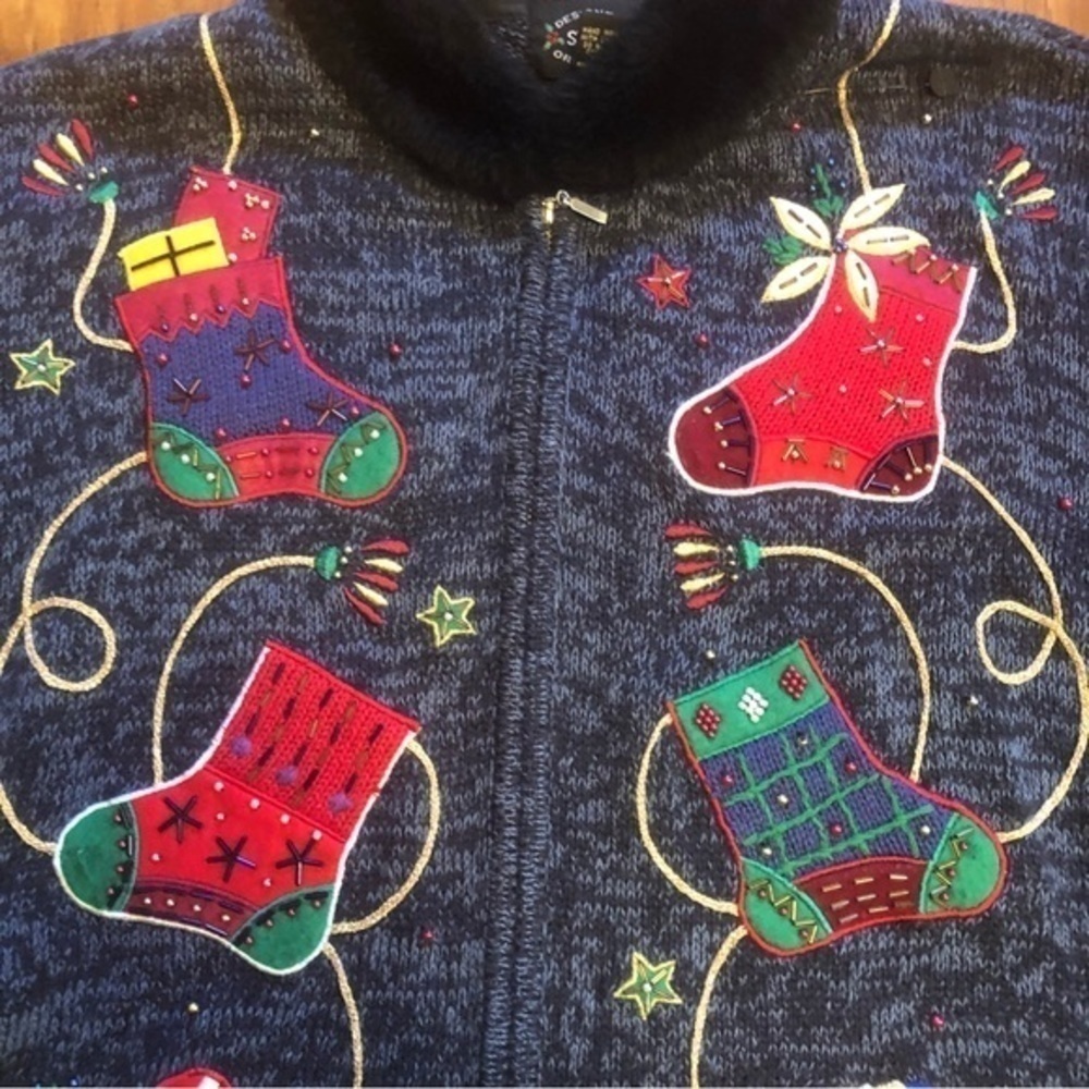 Designers studio Original Cardigan Christmas XL Blue Embroidered Very Good - Picture 2 of 5